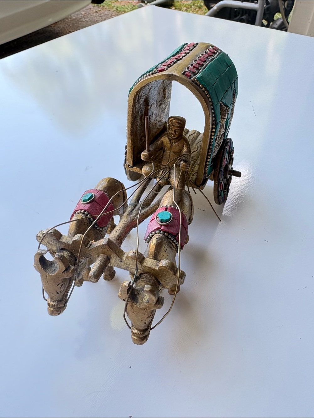 Brass 2 Horses Cart and a Driver Buddhism Decor Showpiece Multicolored